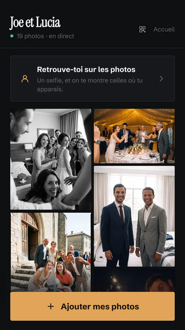 La galerie du mariage sur un téléphone : les photos déposées par les invités en mosaïque, la recherche par selfie en tête, et le bouton pour ajouter les siennes.